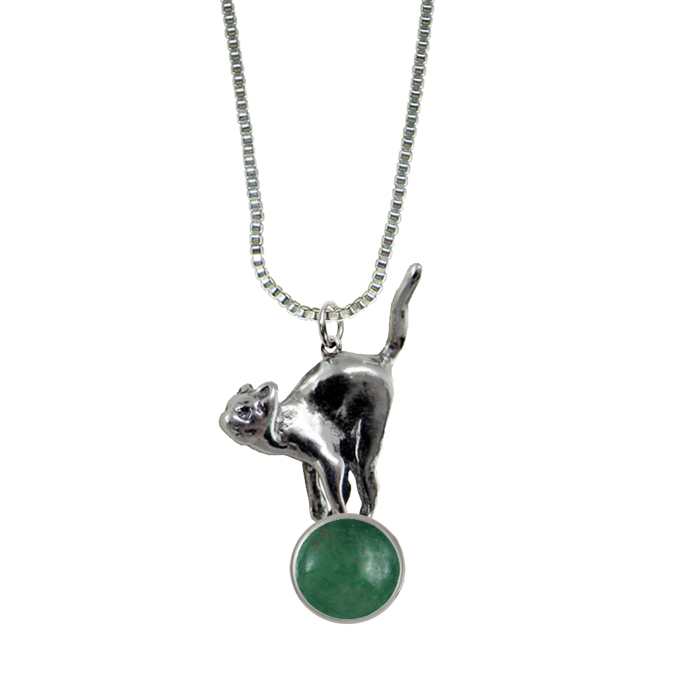 Sterling Silver Playful Kitty Cat About To Jump Pendant With Jade